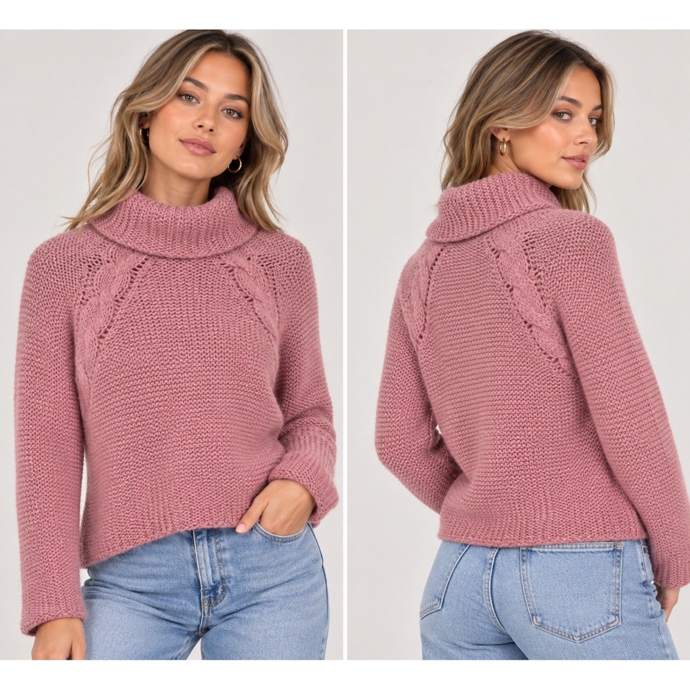 Frost Pink Chunky Knit Turtleneck Sweater Wool Mohair Blend Cable Raglan Small